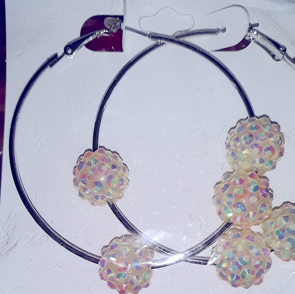 Large Silver hoop earrings 2 1/4" LT YELLOW bling beads TikTok famous NEW